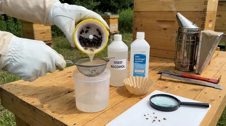 Een imker giet een monster bijen uit een pot door een zeef boven een beker, met flessen alcohol, een beroker en een vergrootglas op de werktafel