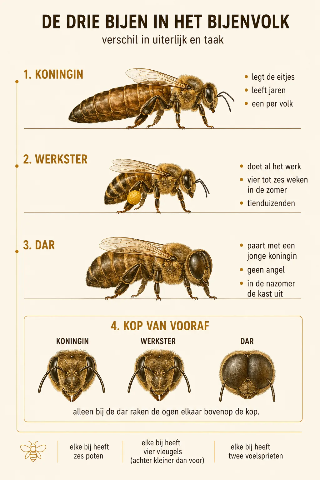 Koningin, werkster en dar in zijaanzicht op dezelfde schaal, met daaronder hun koppen van vooraf gezien