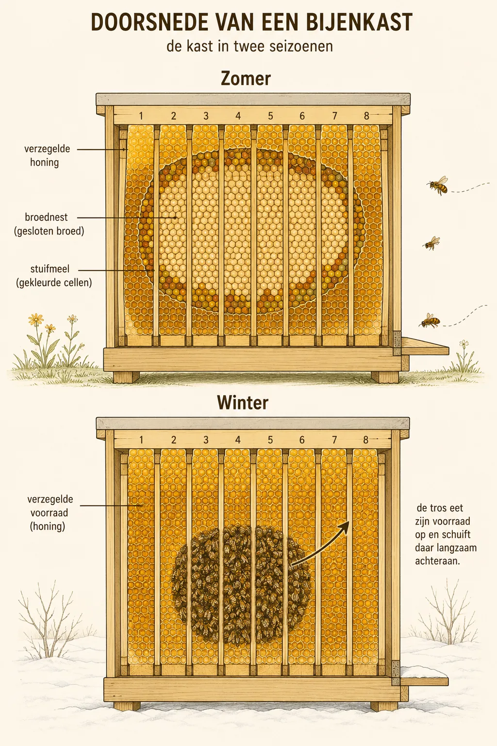 Doorsnede van dezelfde bijenkast in de zomer met een groot broednest, en in de winter met een compacte tros tussen de ramen