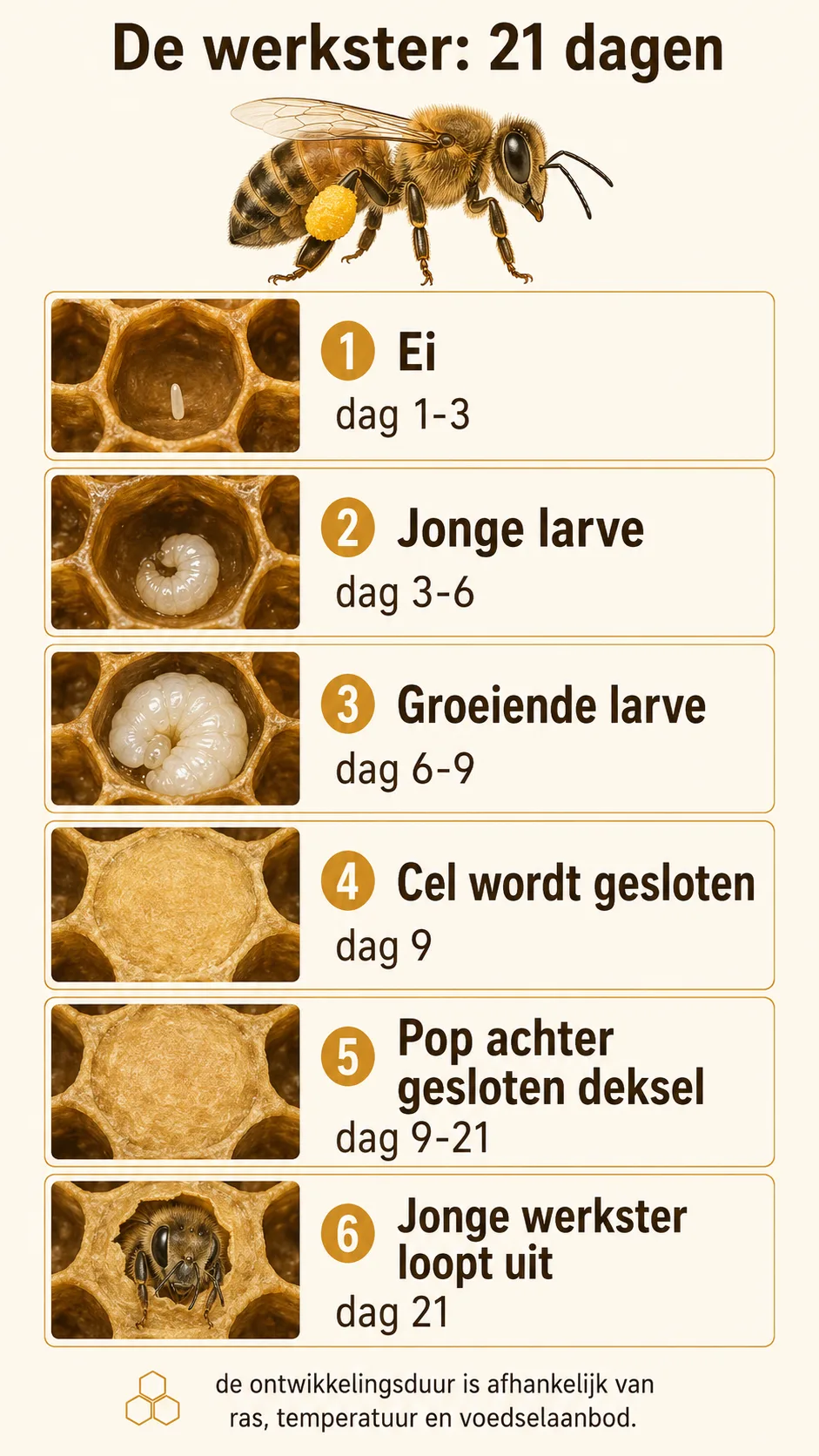 De zes stappen van eitje tot uitgelopen werkster, met per stap het dagbereik
