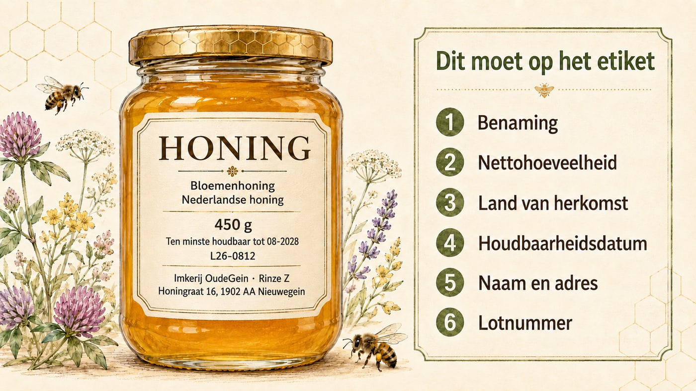 Tekening van een pot honing met daarnaast de lijst "Dit moet op het etiket": 1 benaming, 2 nettohoeveelheid, 3 land van herkomst, 4 houdbaarheidsdatum, 5 naam en adres, 6 lotnummer. Op het etiket van de pot staan ze alle zes ingevuld: Honing, bloemenhoning, Nederlandse honing, 450 g, ten minste houdbaar tot 08-2028, lotnummer L26-0812, en de naam en het adres van de imkerij.